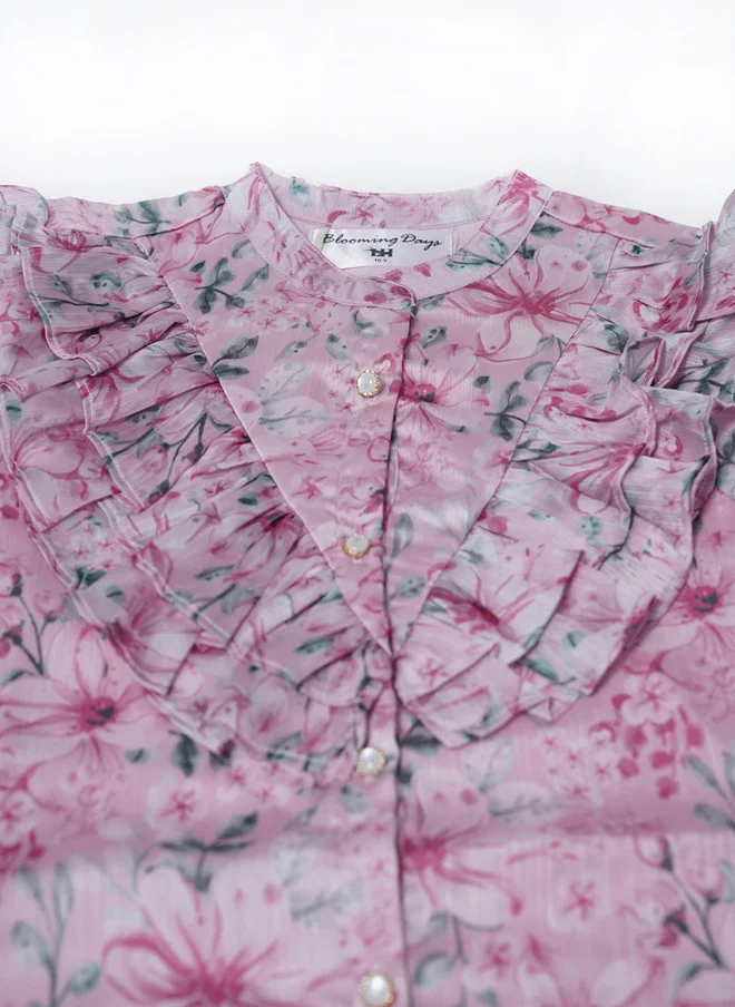 Luxe & Hardy بلوزة حريرية خالصة مطبوعة بياقة صينية للبنات مع تنورة